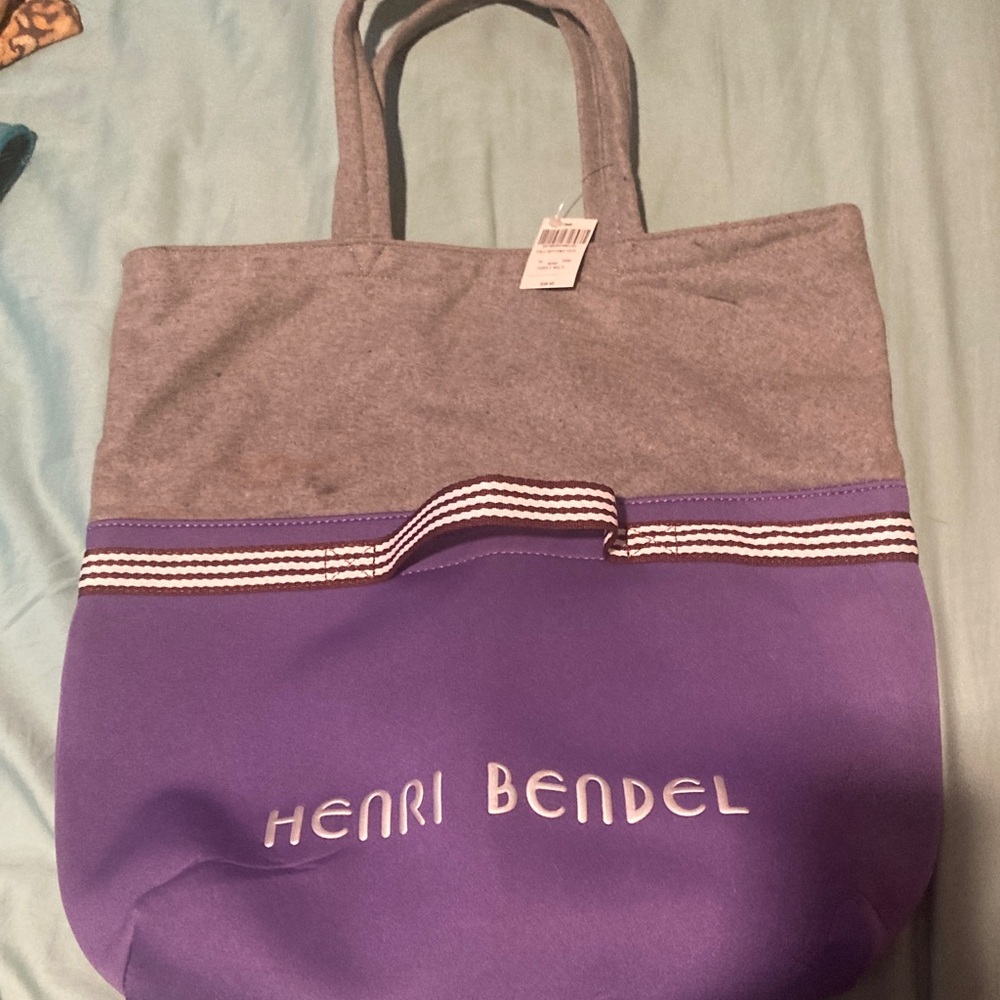 NWT henri bendel Purple and Gray Striped Accent Tote (small smudge)